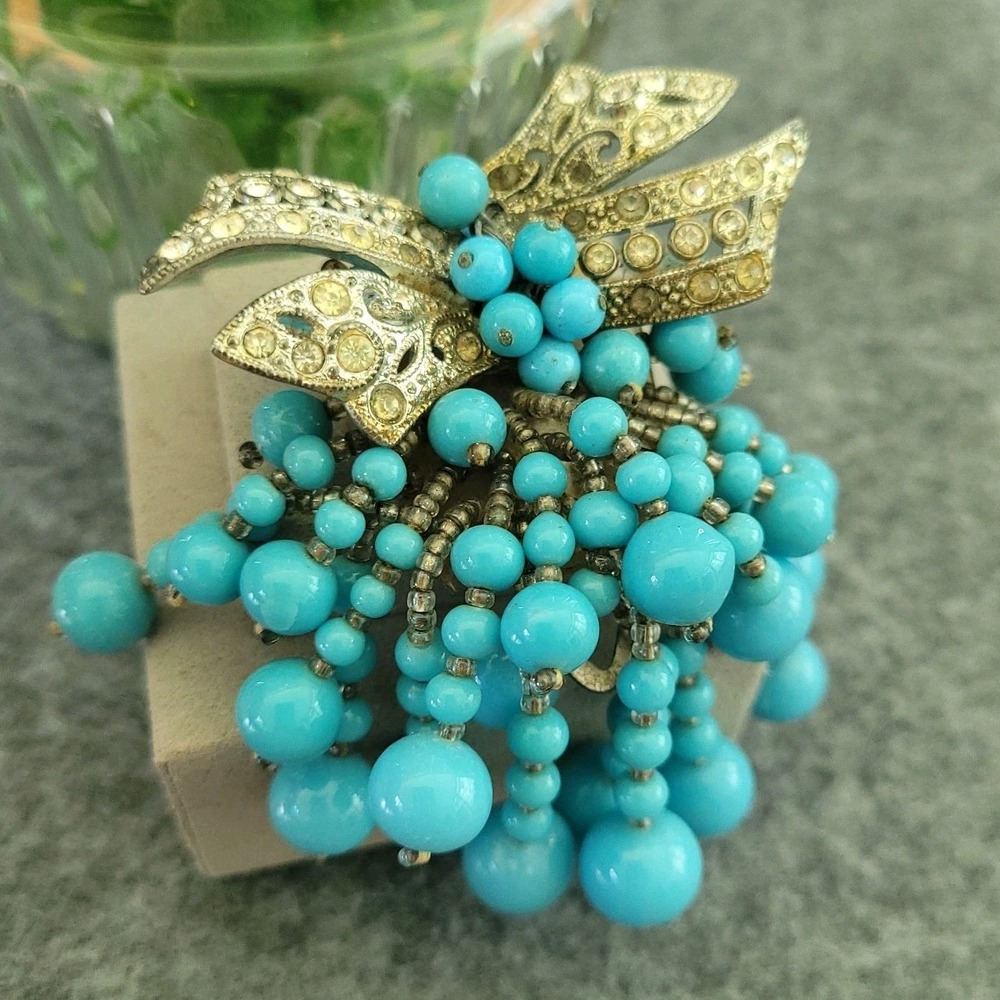 Vintage 1940s Miriam Haskell Turquoise Glass Cascade Dress Clip Rhinestone Bow